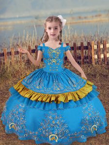 Satin Off The Shoulder Sleeveless Lace Up Beading and Embroidery Little Girls Pageant Gowns in Baby Blue