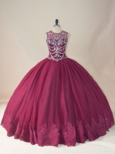 Hot Sale Burgundy Scoop Neckline Beading and Appliques Quinceanera Gowns Long Sleeves Lace Up