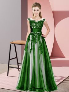 Green Tulle Zipper Quinceanera Court Dresses Sleeveless Floor Length Beading and Lace