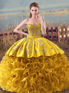 Gold Ball Gowns Sweetheart Sleeveless Fabric With Rolling Flowers Floor Length Lace Up Embroidery and Ruffles 15 Quincea