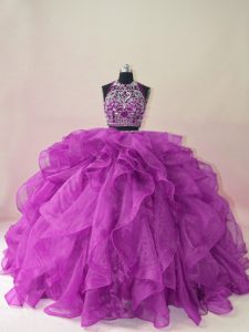 Backless Quinceanera Gown Purple for Sweet 16 and Quinceanera with Beading and Ruffles Brush Train