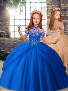 Elegant Blue and Peach Lace Up Little Girls Pageant Dress Wholesale Beading Sleeveless Floor Length