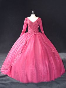 Hot Pink Long Sleeves Floor Length Lace and Appliques Lace Up 15th Birthday Dress