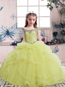 New Style Yellow Ball Gowns Tulle Scoop Sleeveless Beading Floor Length Lace Up Little Girls Pageant Gowns