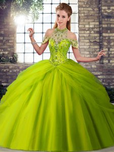Low Price Sleeveless Tulle Brush Train Lace Up Quince Ball Gowns in Olive Green with Beading and Pick Ups