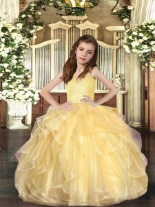 Organza Straps Sleeveless Lace Up Ruffles Kids Pageant Dress in Gold