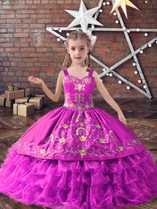 Lilac Satin and Organza Lace Up Straps Sleeveless Floor Length Little Girls Pageant Gowns Embroidery and Ruffled Layers