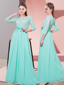 Smart Apple Green 3 4 Length Sleeve Lace and Belt Floor Length Bridesmaid Gown