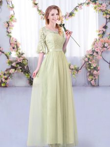 Fine Yellow Green Empire Scoop Half Sleeves Tulle Floor Length Side Zipper Lace and Belt Bridesmaids Dress