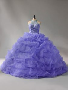 Lavender Halter Top Lace Up Beading and Pick Ups Quinceanera Gowns Court Train Sleeveless