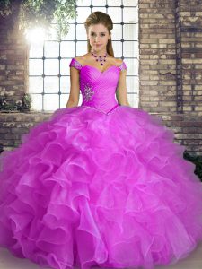 Lilac Lace Up Off The Shoulder Beading and Ruffles Sweet 16 Quinceanera Dress Organza Sleeveless