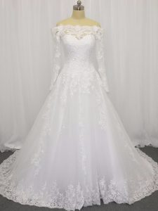 White Clasp Handle Wedding Gown Beading and Lace Long Sleeves Brush Train