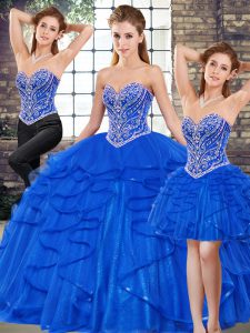 Beauteous Royal Blue Sleeveless Floor Length Beading and Ruffles Lace Up Sweet 16 Quinceanera Dress