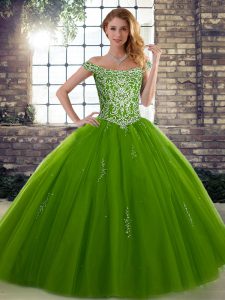 Custom Design Floor Length Lace Up Quinceanera Gowns Olive Green for Military Ball and Sweet 16 and Quinceanera with Bea