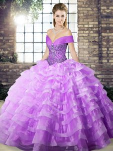Beauteous Lavender Sleeveless Beading and Ruffled Layers Lace Up Quinceanera Gown