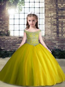 Off The Shoulder Sleeveless Kids Pageant Dress Floor Length Beading Olive Green Tulle