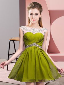 Admirable Olive Green A-line Beading and Ruching Homecoming Dress Backless Chiffon Sleeveless Mini Length