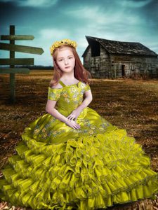 Hot Selling Olive Green Ball Gowns Embroidery and Ruffled Layers Kids Formal Wear Lace Up Organza Short Sleeves Floor Le