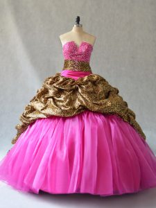 Stunning Sleeveless Organza Brush Train Lace Up Quinceanera Gowns in Hot Pink with Beading and Pick Ups