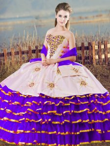 Inexpensive White And Purple Sweetheart Neckline Beading and Ruffled Layers 15 Quinceanera Dress Sleeveless Lace Up