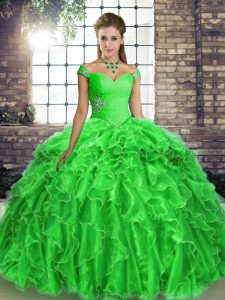 Graceful Off The Shoulder Sleeveless Brush Train Lace Up Quinceanera Dresses Green Organza
