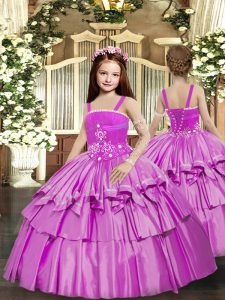 Cheap Floor Length Lilac Kids Formal Wear Taffeta Sleeveless Beading and Ruffled Layers