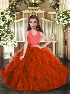 Rust Red Organza Lace Up Halter Top Sleeveless Floor Length Little Girls Pageant Dress Wholesale Ruffles