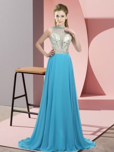 Extravagant Brush Train Empire Prom Party Dress Aqua Blue Halter Top Chiffon Sleeveless Backless
