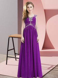 Straps Cap Sleeves Lace Up Dress for Prom Eggplant Purple Chiffon