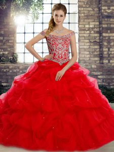 New Style Off The Shoulder Sleeveless Tulle Quince Ball Gowns Beading and Pick Ups Brush Train Lace Up