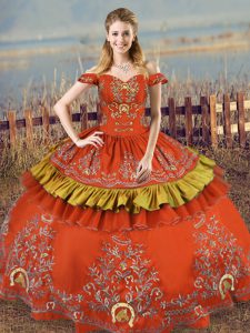 Rust Red Ball Gowns Embroidery Sweet 16 Dresses Lace Up Satin and Organza Sleeveless Floor Length