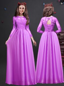 Customized Lilac Scoop Neckline Appliques Wedding Party Dress Long Sleeves Lace Up
