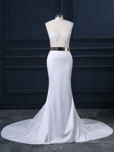 Scoop Sleeveless Wedding Gowns Brush Train Appliques and Sashes ribbons White Elastic Woven Satin