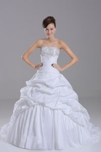Luxury White Bridal Gown Wedding Party with Beading and Pick Ups Strapless Sleeveless Brush Train Lace Up
