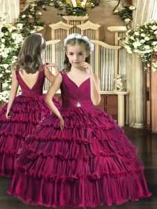 Pretty Fuchsia Backless Little Girl Pageant Dress Beading and Ruffled Layers Sleeveless Floor Length