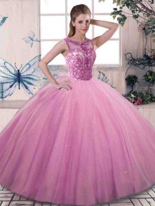 Delicate Scoop Sleeveless Tulle Sweet 16 Dresses Beading Lace Up