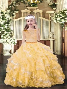 Sweet Beading and Ruffled Layers Little Girls Pageant Gowns Gold Zipper Sleeveless Floor Length