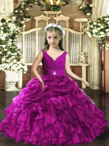 Purple Backless Little Girl Pageant Dress Beading and Ruffles and Ruching Sleeveless Floor Length