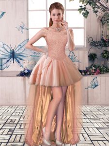 Fantastic Peach Tulle Lace Up Off The Shoulder Sleeveless High Low Prom Evening Gown Beading