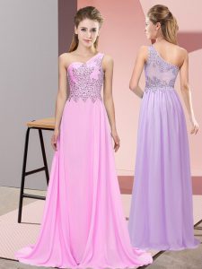 Pink Chiffon Side Zipper Prom Evening Gown Sleeveless Floor Length Beading