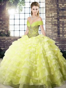 Custom Fit Ball Gowns Sleeveless Yellow Quinceanera Dress Brush Train Lace Up