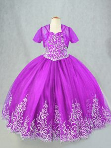 Super Purple Ball Gowns Beading and Embroidery Little Girls Pageant Gowns Lace Up Tulle Sleeveless Floor Length
