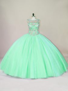 Scoop Sleeveless Quince Ball Gowns Floor Length Beading Apple Green Tulle