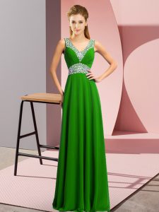 V-neck Sleeveless Homecoming Dress Floor Length Beading Green Chiffon