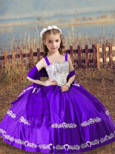 Fantastic Purple Ball Gowns Straps Sleeveless Satin Floor Length Lace Up Beading and Embroidery Evening Gowns