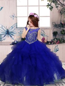 Elegant Ball Gowns Little Girls Pageant Dress Royal Blue Scoop Organza Sleeveless Floor Length Lace Up