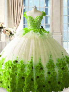Artistic Sleeveless Tulle Floor Length Zipper Quinceanera Dress in with Hand Made Flower