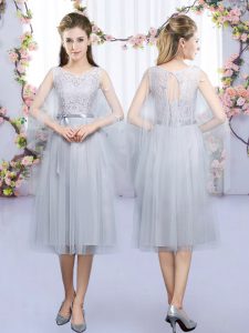 Sleeveless Tea Length Lace and Belt Lace Up Bridesmaid Dress with Grey