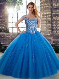 Blue Ball Gowns Beading Vestidos de Quinceanera Lace Up Tulle Sleeveless Floor Length