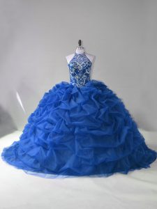 Custom Fit Halter Top Sleeveless Court Train Lace Up 15th Birthday Dress Blue Organza